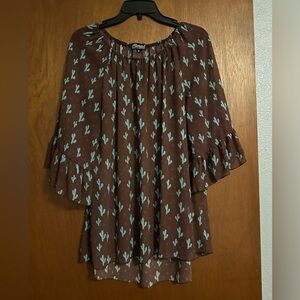 Cowgirl Hardware Brown and Blue Cactus Print Blouse